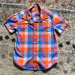 Boys Farmer Button Up Short Sleeve Shirt Orange Plaid size XS 4/5